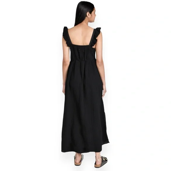 XiRENA Leyla Black Flutter Strap Cotton Gauze Lightweight Sleeveless Midi Dress